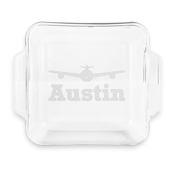 Custom Airplane Theme Glass Cake Dish with Truefit Lid - 8in x 8in (Personalized)