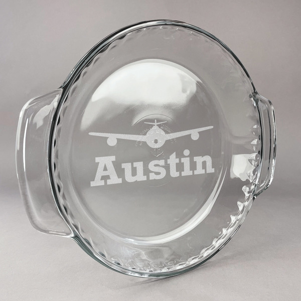 Custom Airplane Theme Glass Pie Dish - 9.5in Round (Personalized)