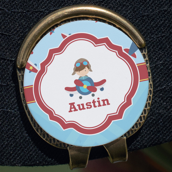 Airplane Theme Golf Ball Marker Hat Clip - Gold - Close Up