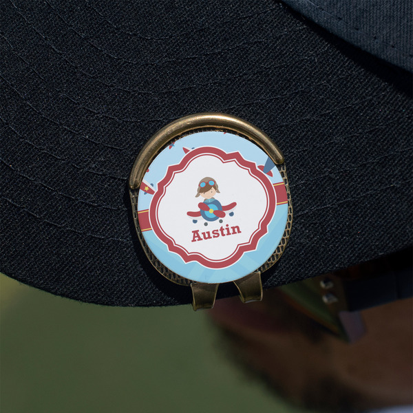 Airplane Theme Golf Ball Marker Hat Clip - Gold - On Hat