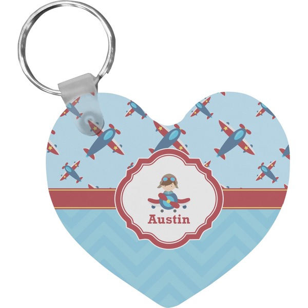 Custom Airplane Theme Heart Plastic Keychain w/ Name or Text