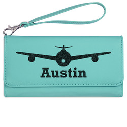 Airplane Theme Ladies Leatherette Wallet - Laser Engraved- Teal (Personalized)