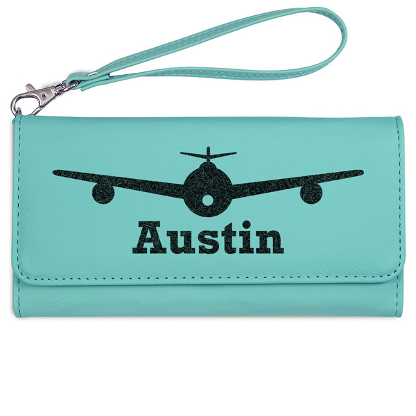 Custom Airplane Theme Ladies Leatherette Wallet - Laser Engraved- Teal (Personalized)