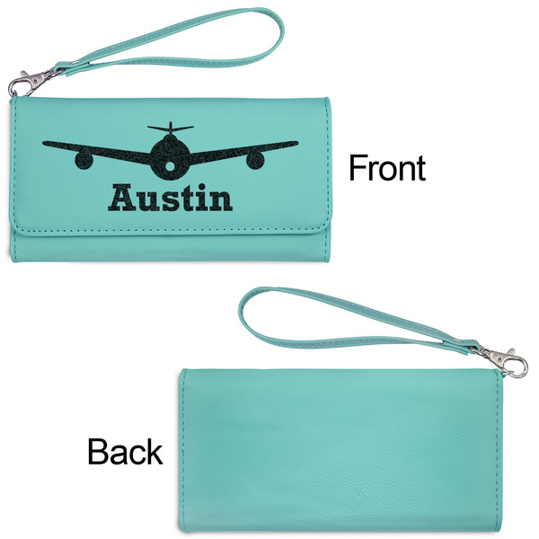 Airplane Theme Ladies Wallets - Faux Leather - Teal - Front & Back View