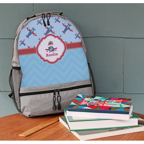 Airplane Theme Large Backpack - Gray - On Desk