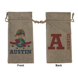Airplane Theme Large Burlap Gift Bag - Front & Back (Personalized)