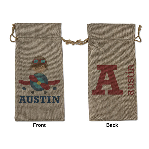 Custom Airplane Theme Large Burlap Gift Bag - Front & Back (Personalized)