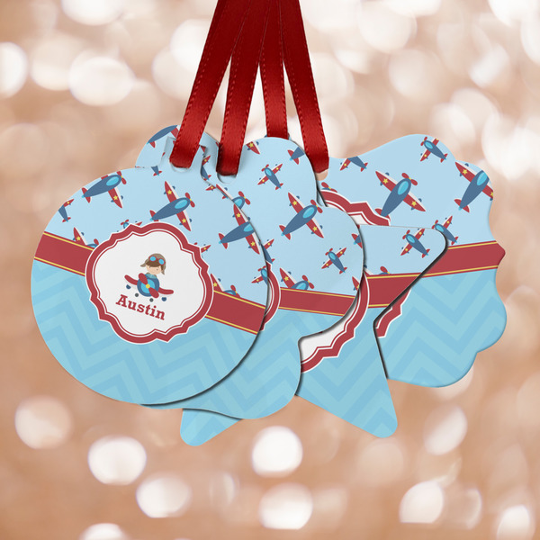 Custom Airplane Theme Metal Ornaments - Double Sided w/ Name or Text