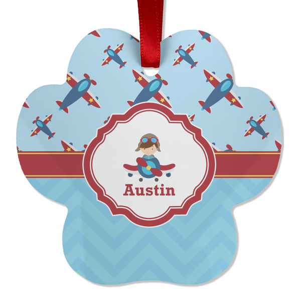 Custom Airplane Theme Metal Paw Ornament - Double Sided w/ Name or Text