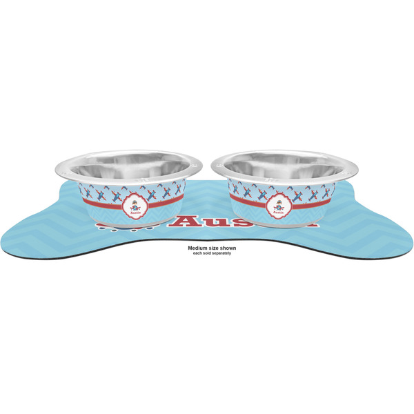 Airplane Theme Metal Pet Bowls - On Dog Bone Shaped Mat