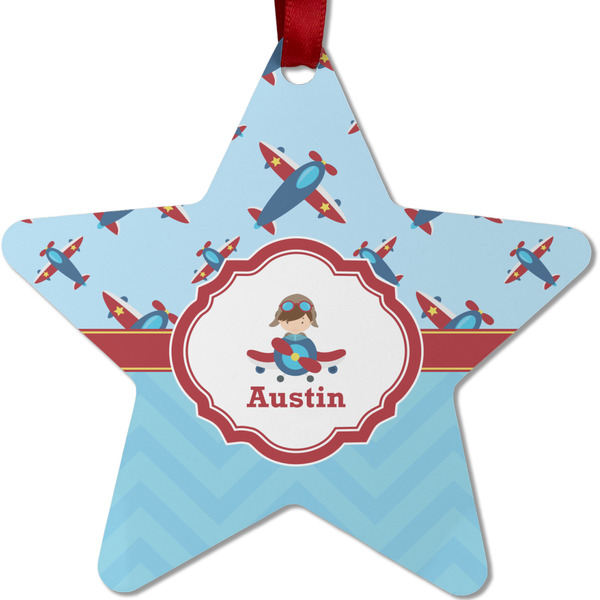 Custom Airplane Theme Metal Star Ornament - Double Sided w/ Name or Text
