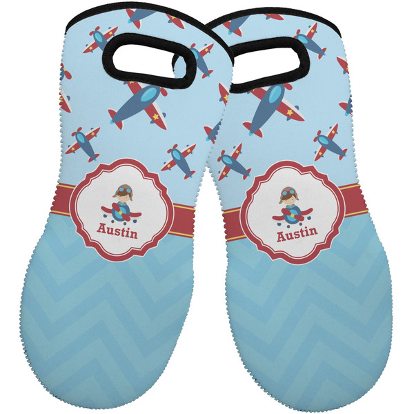 Custom Airplane Theme Neoprene Oven Mitts - Set of 2 w/ Name or Text