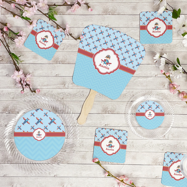 Airplane Theme Party Supplies Combination Image - All items - Plates, Coasters, Fans
