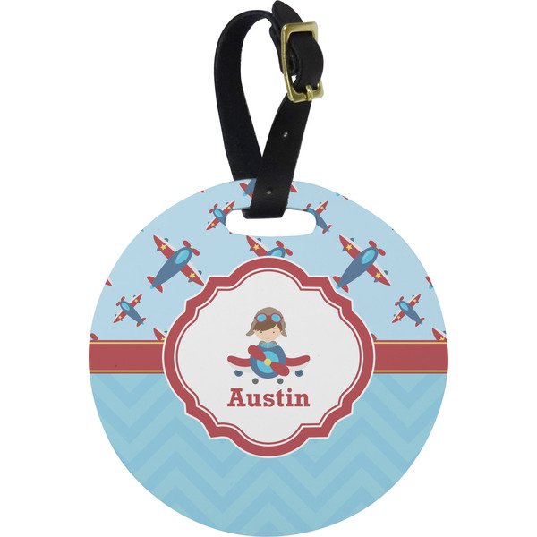 Custom Airplane Theme Plastic Luggage Tag - Round (Personalized)