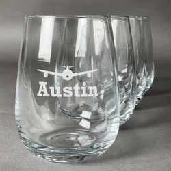 Airplane Theme Stemless Wine Glasses (Set of 4) (Personalized)