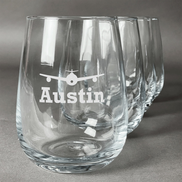 Custom Airplane Theme Stemless Wine Glasses (Set of 4) (Personalized)