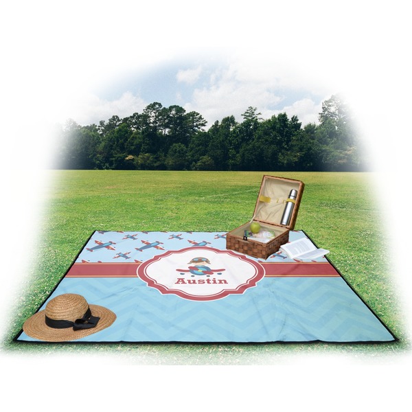 Airplane Theme Picnic Blanket - with Basket Hat and Book - in Use