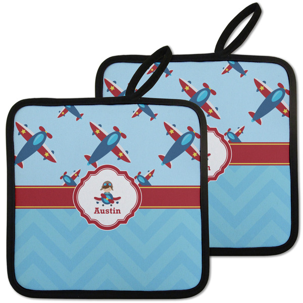 Custom Airplane Theme Pot Holders - Set of 2 w/ Name or Text