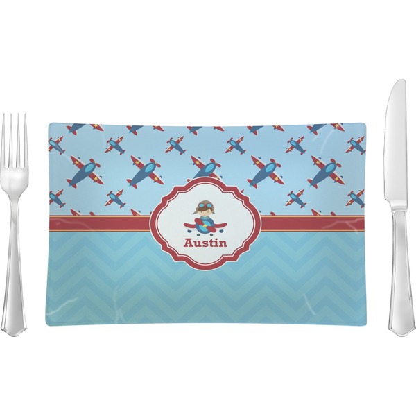 Custom Airplane Theme Glass Rectangular Lunch / Dinner Plate (Personalized)