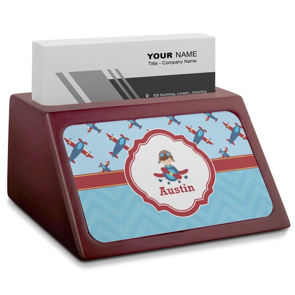 Custom Airplane Theme Red Mahogany Business Card Holder (Personalized)