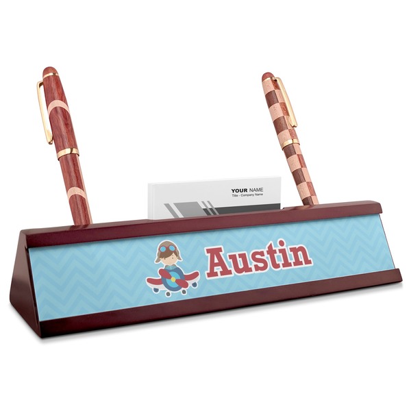 Custom Airplane Theme Red Mahogany Nameplate with Business Card Holder (Personalized)