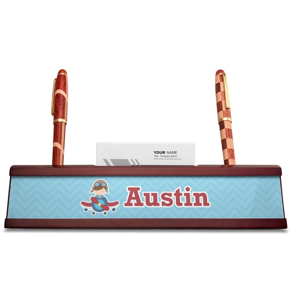 Airplane Theme Red Mahogany Nameplates with Business Card Holder - Straight