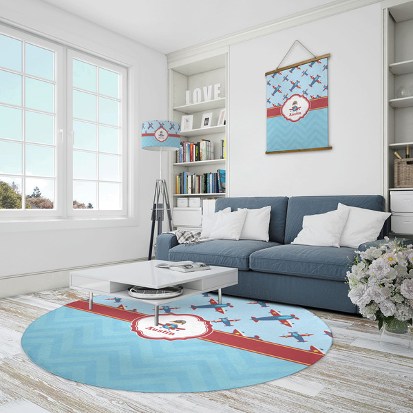 Airplane Theme Round Area Rug - IN CONTEXT