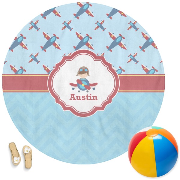 Custom Airplane Theme Round Beach Towel (Personalized)