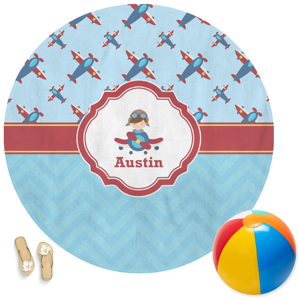 Custom Airplane Theme Round Beach Towel (Personalized)