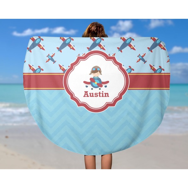 Airplane Theme Round Beach Towel - In Use