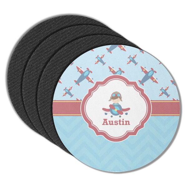 Custom Airplane Theme Round Rubber Backed Coasters - Set of 4 (Personalized)