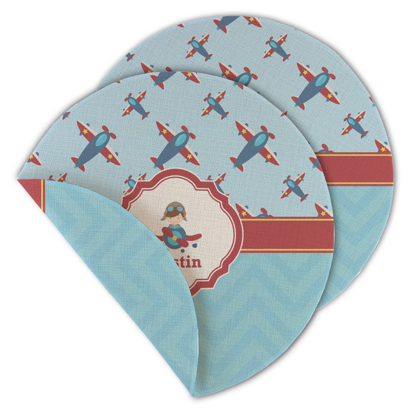 Custom Airplane Theme Round Linen Placemat - Double Sided - Set of 4 (Personalized)