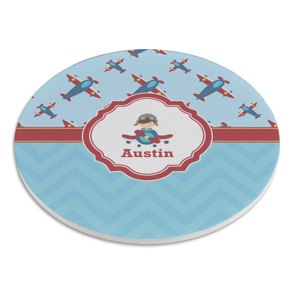 Airplane Theme Round Stone Trivet - Angle View