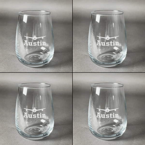 Airplane Theme Set of Four Personalized Stemless Wineglasses (Approval)