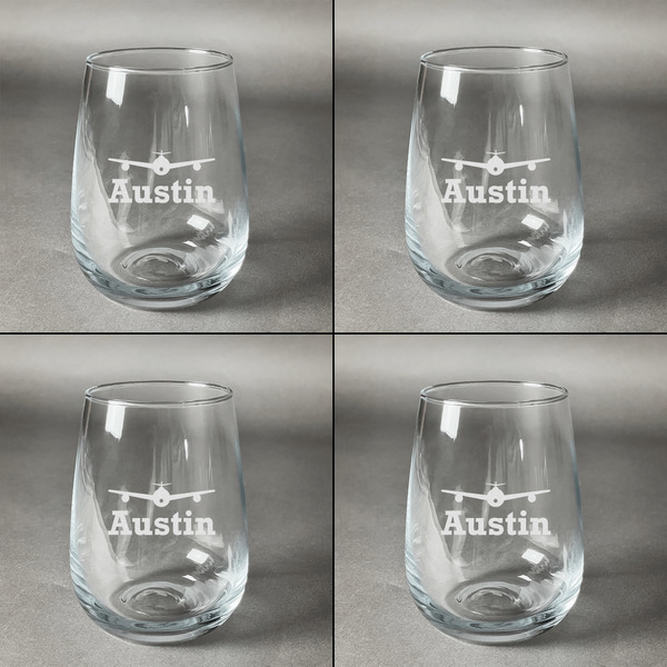 Airplane Theme Set of Four Personalized Stemless Wineglasses (Approval)