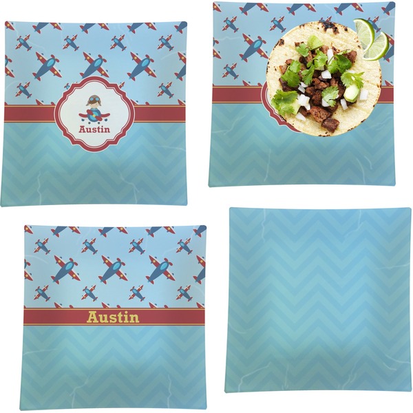 Custom Airplane Theme Set of 4 Glass Square Lunch / Dinner Plate 9.5" (Personalized)