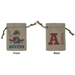 Airplane Theme Small Burlap Gift Bag - Front & Back (Personalized)