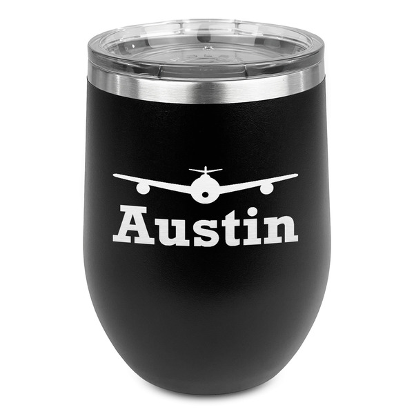 Custom Airplane Theme Stemless Stainless Steel Wine Tumbler - Black - Double Sided (Personalized)