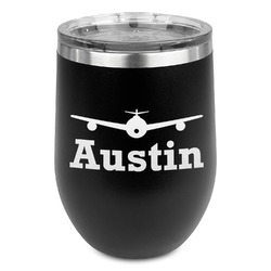 Airplane Theme Stemless Stainless Steel Wine Tumbler - Black - Single Sided (Personalized)