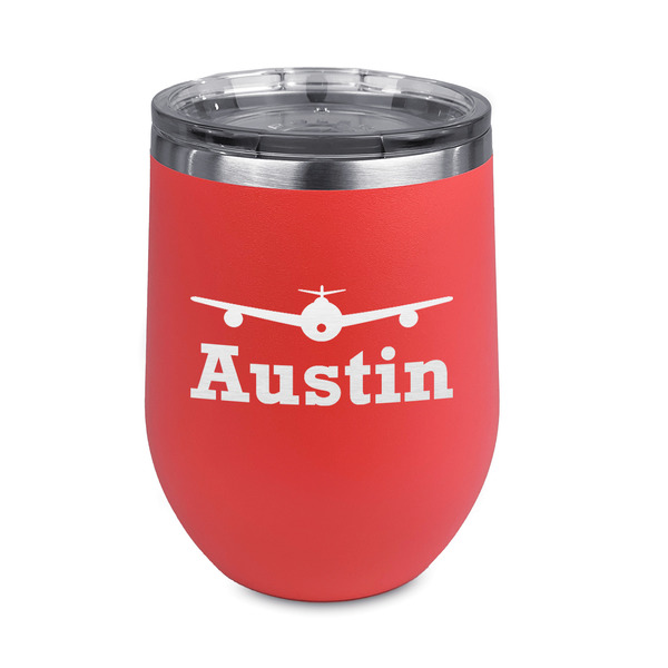 Custom Airplane Theme Stemless Stainless Steel Wine Tumbler - Coral - Double Sided (Personalized)