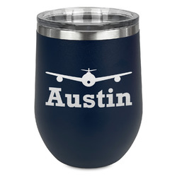 Airplane Theme Stemless Stainless Steel Wine Tumbler - Navy - Double Sided (Personalized)
