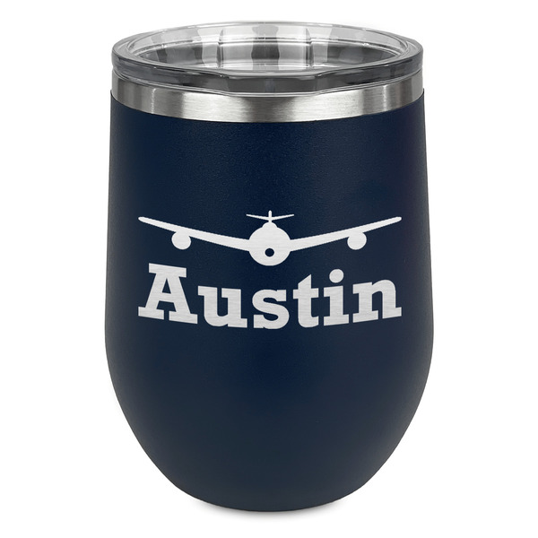 Airplane Theme Stainless Wine Tumblers - Navy - Single Sided - Front