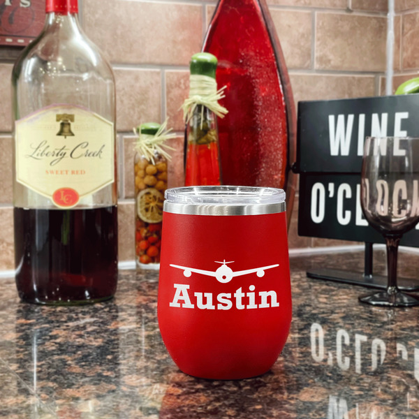 Airplane Theme Stainless Wine Tumblers - Red - Single Sided - In Context