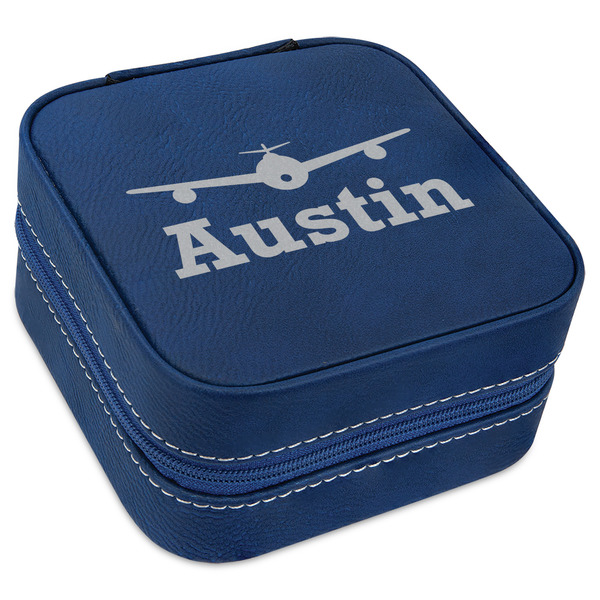 Custom Airplane Theme Travel Jewelry Box - Navy Blue Leather (Personalized)