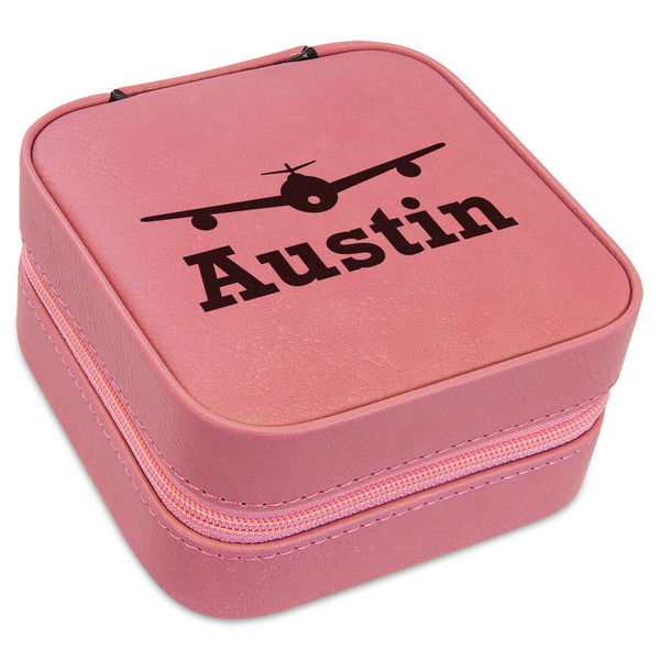 Custom Airplane Theme Travel Jewelry Boxes - Pink Leather (Personalized)