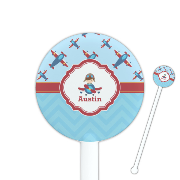 Custom Airplane Theme 5.5" Round Plastic Stir Sticks - White - Single Sided (Personalized)