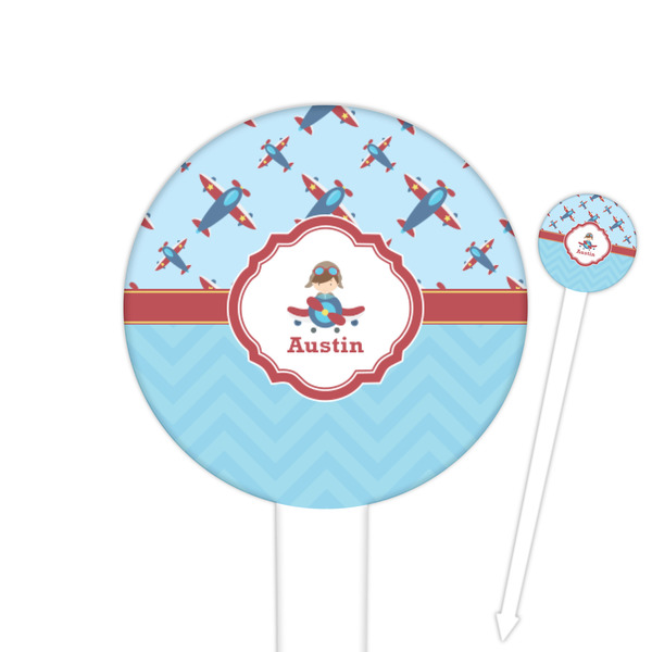 Custom Airplane Theme 6" Round Plastic Food Picks - White - Double Sided (Personalized)