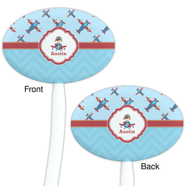 Airplane Theme White Plastic 7" Stir Stick - Double Sided - Oval - Front & Back