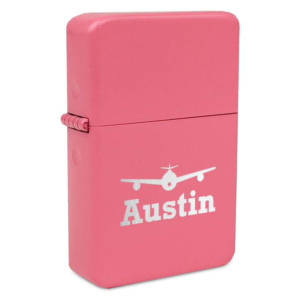 Custom Airplane Theme Windproof Lighter - Pink - Single Sided & Lid Engraved (Personalized)