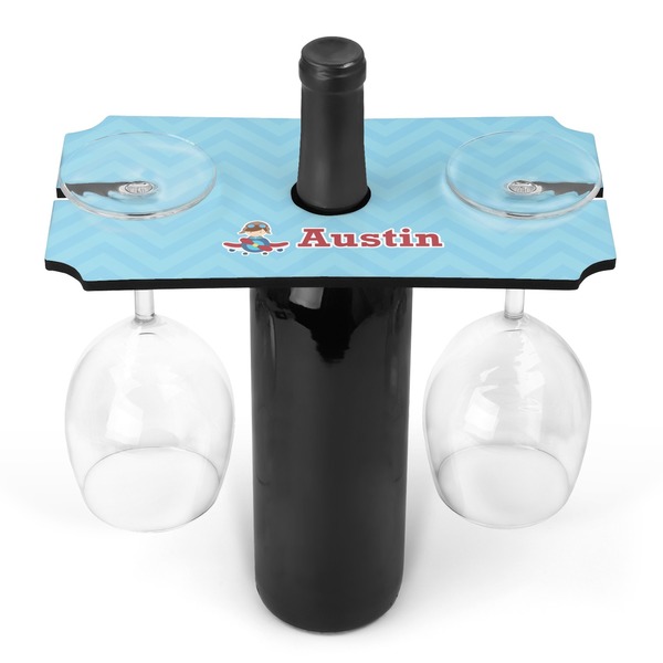 Custom Airplane Theme Wine Bottle & Glass Holder (Personalized)